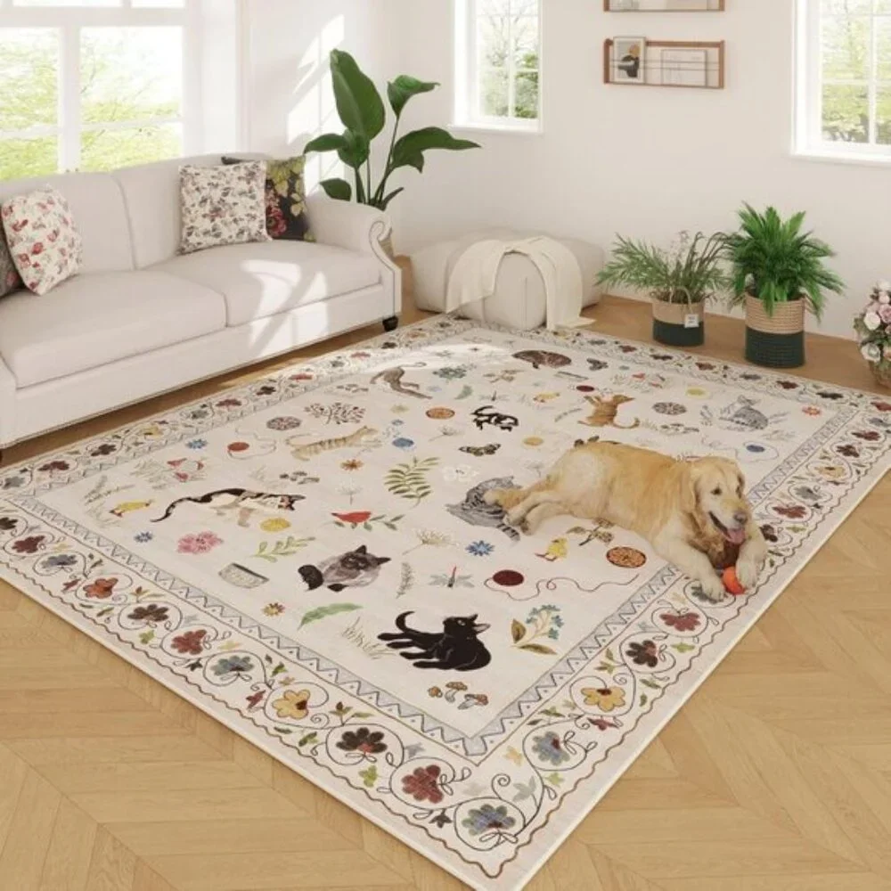 New 5x7 Living Room Rug – Washable Boho Floral Cat Area Rug, Non-Slip